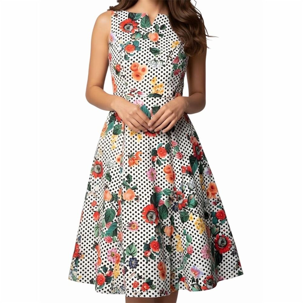 Sleeveless White Midi Dress with Polka Dot & Floral Print